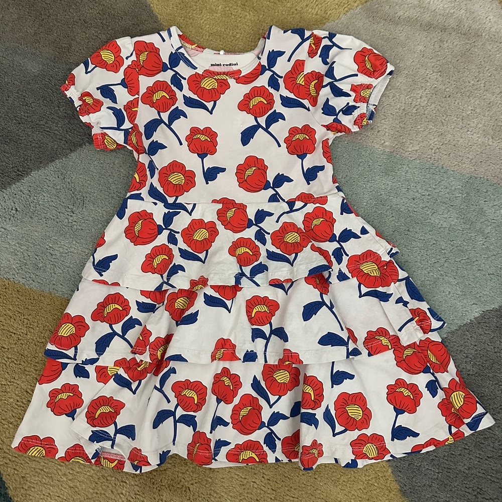 Mini Rodini White Tiered Dress with Red and Blue Floral Print